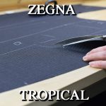 裁断作業の様子2（ハサミ入れ・ストライプ生地／フルオーダースーツ）