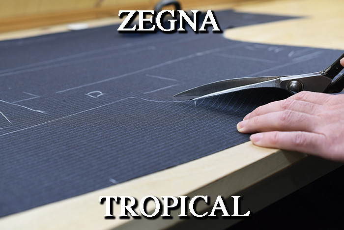 裁断作業の様子2（ハサミ入れ・ストライプ生地／フルオーダースーツ）